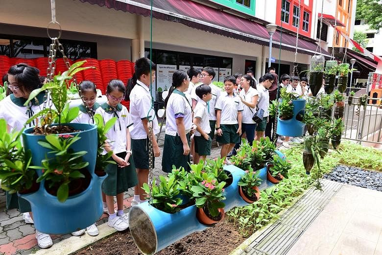 Zhenghua Primary School pupils on an experiential learning trail at the Bukit Panjang CC yesterday, where they learnt about community gardening and how it contributes to the sustainable production of food.