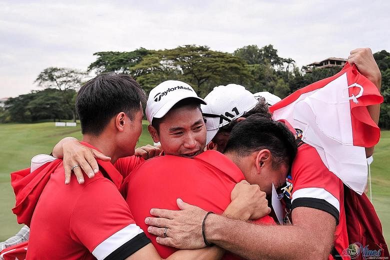 Gregory Foo (top), who was part of the 2017 SEA Games winning team (left) and Singapore national teammate Abdul Hadi (above), teed off in Karachi yesterday in their first professional challenge.