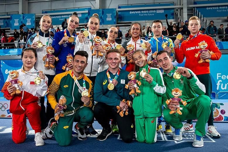 Tamara Ong won gold as part of Team Simone Biles Orange in a multi-discipline team event. The team (above) tallied 293 points from 21 exercises. Medals from mixed-nation events are not added to a country's overall medal tally.