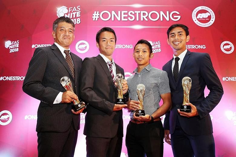 Albirex Niigata, who swept the three domestic titles including the Singapore Premier League crown, dominated last night's individual awards, with Kazuaki Yoshinaga (left) named Coach of the Year, Wataru Murofushi (second from left) the Player of the 