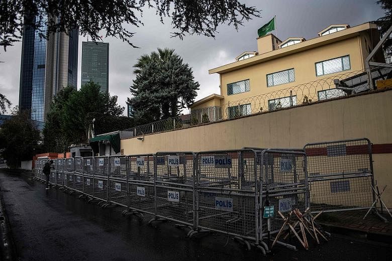 Security barriers outside the Saudi Arabia consulate in Istanbul yesterday. Washington Post columnist Jamal Khashoggi, a Saudi national, walked into the consulate on Oct 2 and failed to reappear. The Turkish authorities say a team of Saudis killed hi