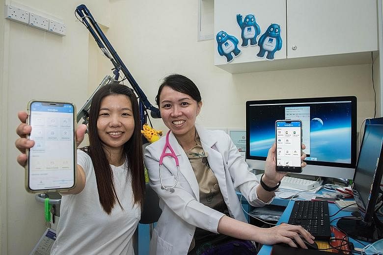 Dr Rachel Teoh (at right) and patient Ferlene Tan showing features of the MaNaDr app on their phones. The app is one of many offering more convenient access to doctors and pharmacists here.