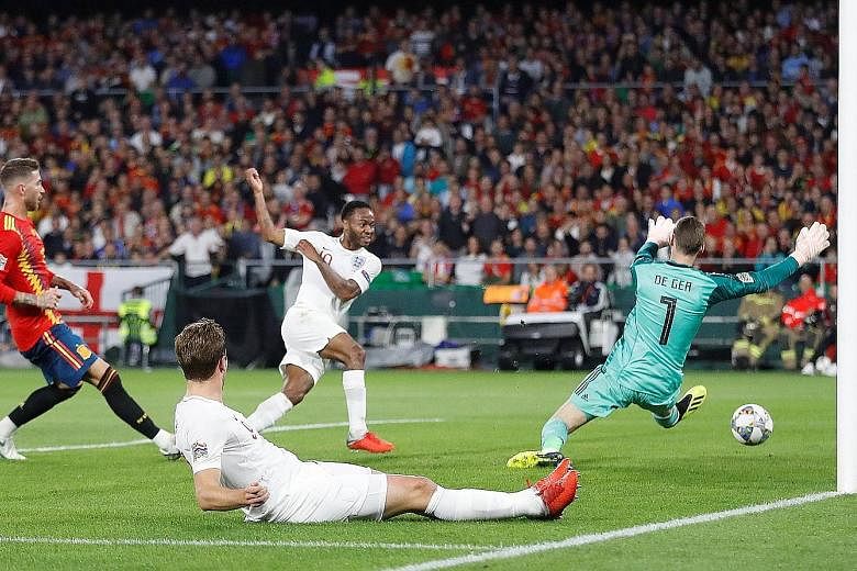 Raheem Sterling finishing past Spain goalkeeper David de Gea for his second goal. The double was the Manchester City winger's first England goals in 1,102 days, or more than three years. The stuttering England attack of Sterling, Harry Kane and Marcu