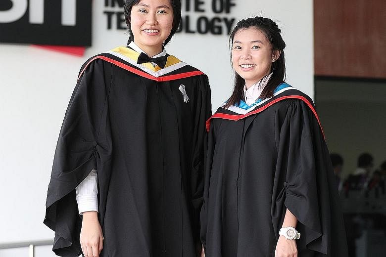 Ms Jennifer Wee (at left) and Ms Sabrina Tan are among the top graduates from the Singapore Institute of Technology this year. Ms Wee, 26, topped her class of 67 students in the Sustainable Infrastructure Engineering (Land) degree course and is now a