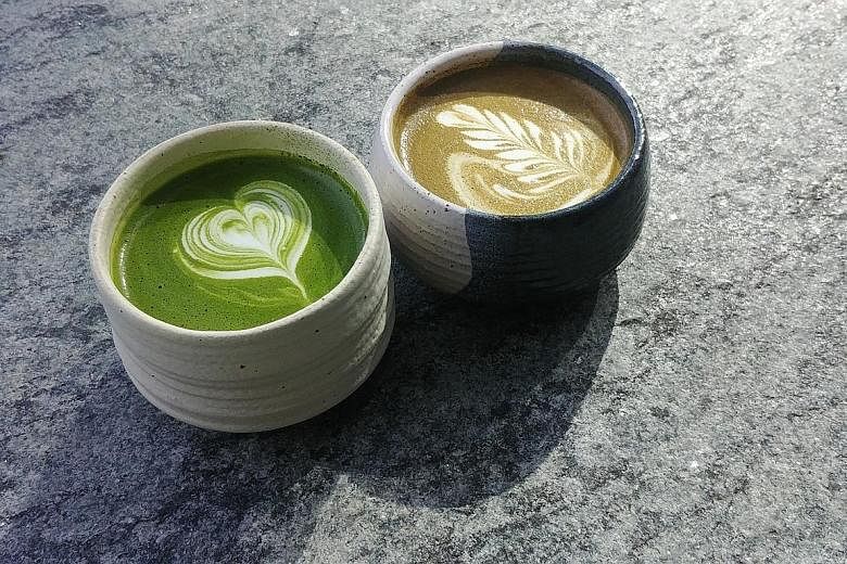 Matcha latte (far left) and houjicha latte (left) at The Matcha Project. The Backstreet Bengs comprise (from left) Miller Mai of Ding Dong, Jeremmy Chiam of Le Binchotan and Eugene See of Birds of a Feather.