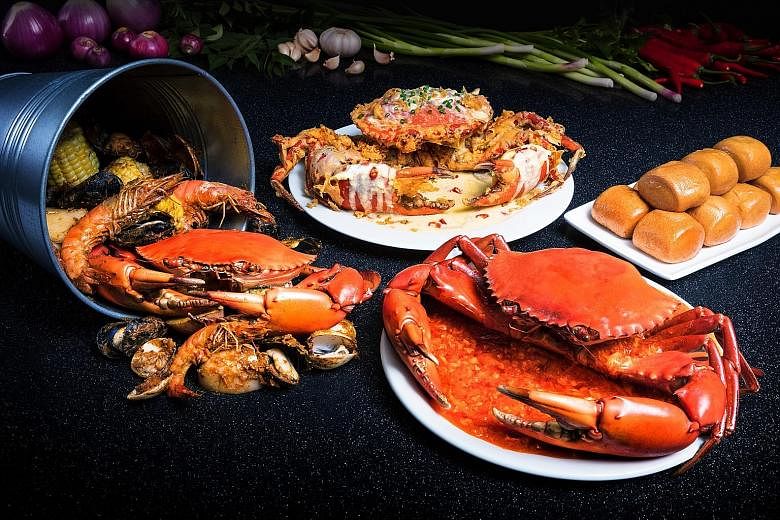 A buffet of crab dishes (left) and Asian bingsu at Sessions at Resorts World Sentosa.