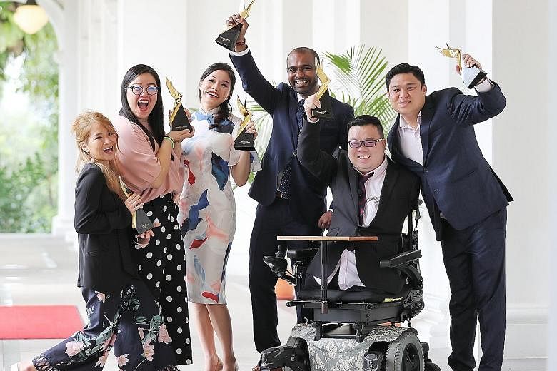 (From far left) Musician Inch Chua; Lien Foundation co-lead of early childhood development Jean Loo; state counsel Amanda Chong; surgeon Hamid Rahmatullah; para-athlete Jason Chee; and Pope Jai founder Daniel Teh after receiving their awards yesterda