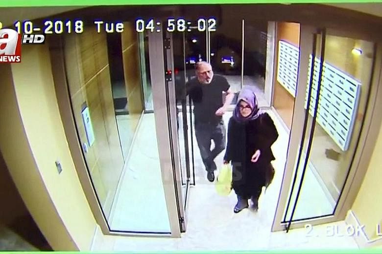 A still image taken from CCTV video showing Mr Khashoggi and his fiancee entering their residence in Istanbul on Oct 2, the day he disappeared. Riyadh has since admitted that Mr Khashoggi died in a "brawl" in its consulate.