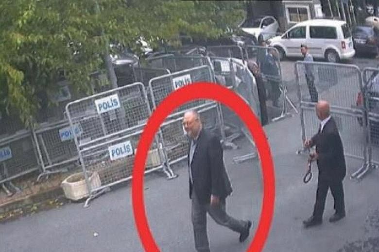A still image taken from CCTV video claiming to show Saudi journalist Jamal Khashoggi (highlighted in red circle) as he arrived at Saudi Arabia's consulate in Istanbul on Oct 2.