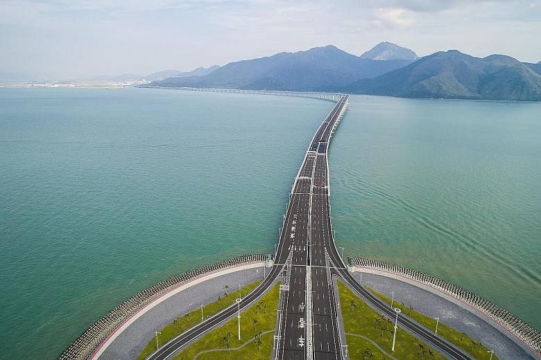The Hong Kong-Zhuhai-Macau bridge, as seen from the Hong Kong side of the crossing. The Hong Kong section of the bridge is made up of an artificial island on the eastern end, where the Hong Kong border control is located, as well as a 12km Hong Kong 