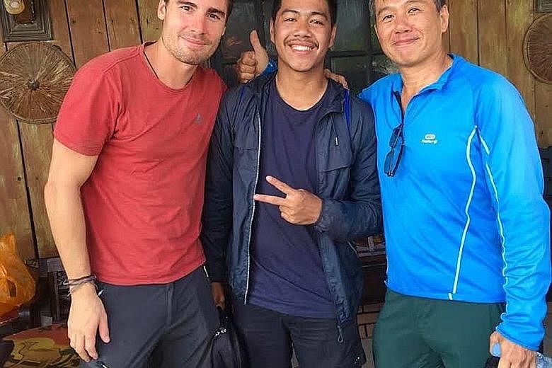 (From left) Mr Francois de Neuville with Mr Gleen Mononutu, who died in the Palu quake, and Mr Ng Kok Choong, whose body was found on Tuesday. The trio called themselves The Happy Flyers.