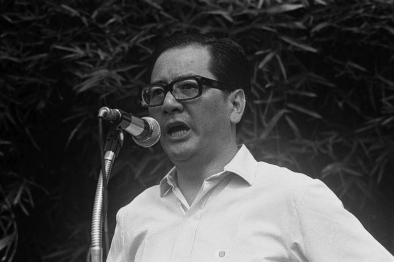 Mr Phey, seen here speaking at an NTUC event in the 1970s, was appointed its president in 1970 and its chairman in 1979.