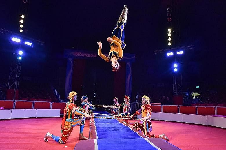 The Rubtsov Fast Track Acrobats (above) and contortionist Emin Abdullaev (below) are among the more than 15 acts on show at The Great Moscow Circus.