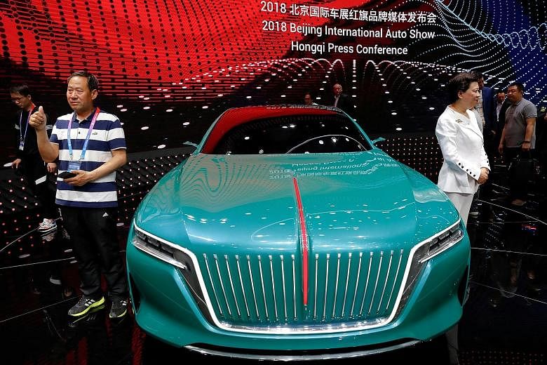 A concept car at the booth of FAW Group car brand Hongqi, which means "red flag" in Chinese, during a media preview of the Auto China motor show in Beijing in April.
