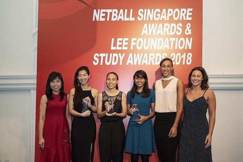From left: Netball Singapore president Jessica Tan, Charmaine Soh, Vanessa Lee, Nurul Baizura and guests of honour Geva Mentor and Madi Robinson, of England and Australia. Soh, Lee and Nurul were inducted into the Hall of Fame at the Netball Singapor