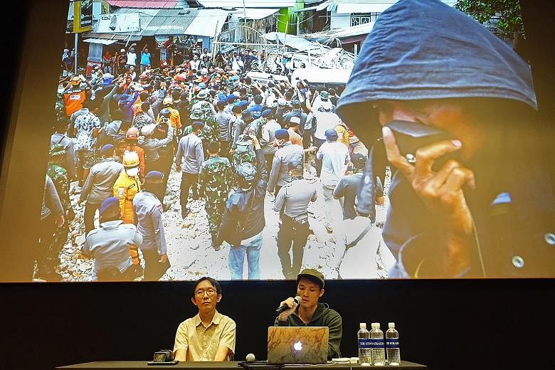 Straits Times photojournalists Lim Yaohui (left) and Mark Cheong sharing stories and the adventures that come with their job, in the last of a series of four weekends of talks on photography by ST and guest World Press Photo award-winning photojourna