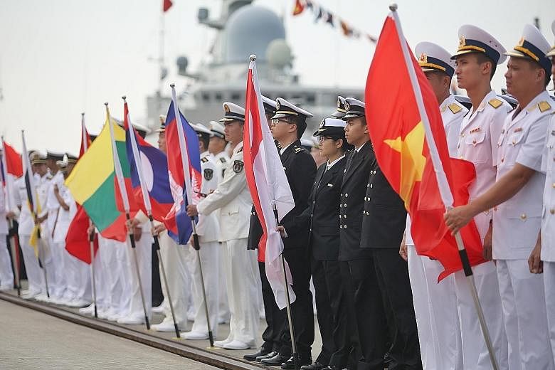 The closing ceremony of the Asean-China Maritime Field Training Exercise yesterday at Ma Xie Naval Base in Zhanjiang, China.