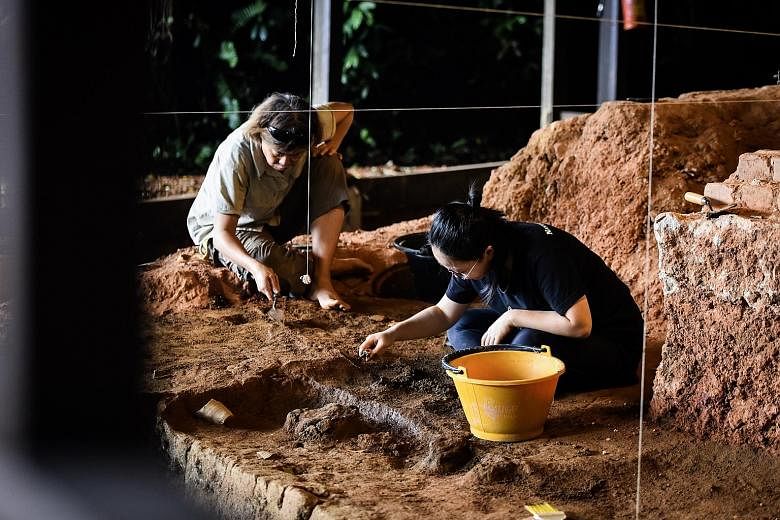 NTU student Caroline Ang, 24, a history major, holding up the rare piece of Thai ceramic that she found yesterday at the Fort Canning archaeological site, where she was digging with Associate Professor Goh Geok Yian (left).