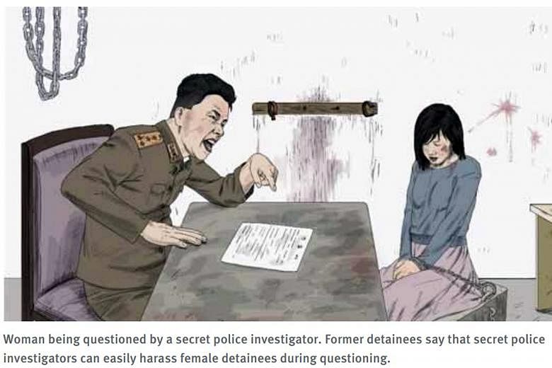 Above: Detainees in North Korea are commonly forced to assume this position in detention and temporary holding facilities, according to the Human Rights Watch report. Left: Woman being questioned by a secret police investigator.