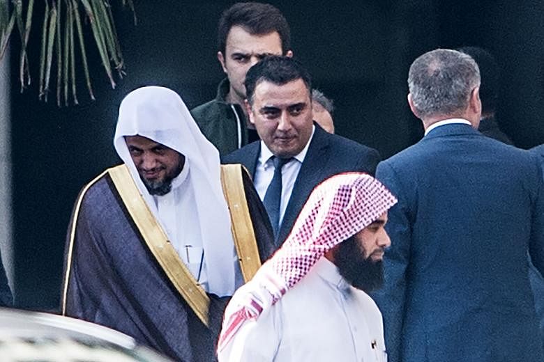 Saudi Arabia's top prosecutor Saud al-Mojeb (far left) leaving Caglayan courthouse in Istanbul on Tuesday. The visiting Attorney-General did not provide the location of Saudi journalist Jamal Khashoggi's body or identify any "local collaborator" task
