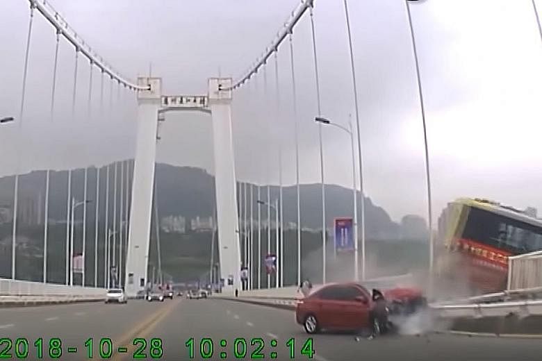 Security camera footage from the bus shows the driver and a passenger fighting before the accident (above), while footage from another vehicle (right) shows the bus colliding with a car, breaking through the bridge rails and plunging into the river.
