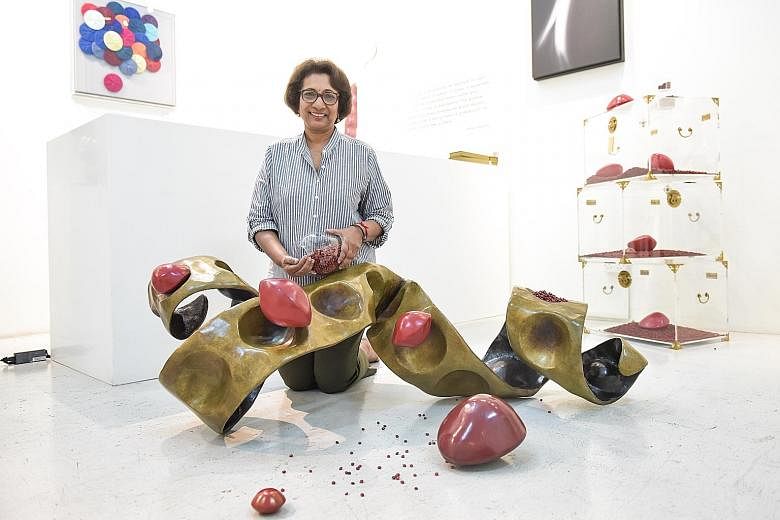 KUMARI NAHAPPAN, who has collected more than 18 million saga seeds over two decades. With her is her current work, in which a larger-than-life sculpture of an exploding saga seed pod will sit in a sea of scattered seeds