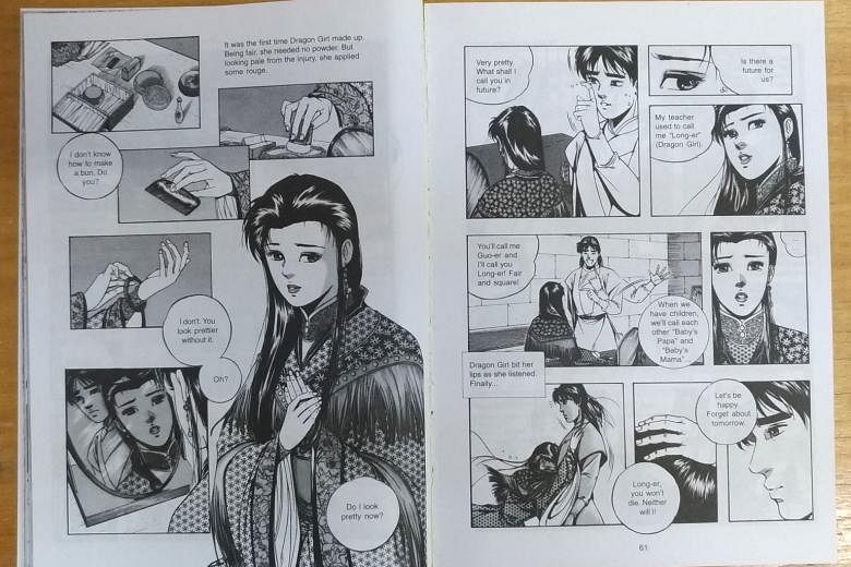Above: Out-of-print copies (left) of Jin Yong's works owned by Dr Charles Phua, and the comic book version of The Return Of The Condor Heroes illustrated by Wee Tian Beng. Left: A 2002 photo of novelist Louis Cha, known by his pen name Jin Yong, with