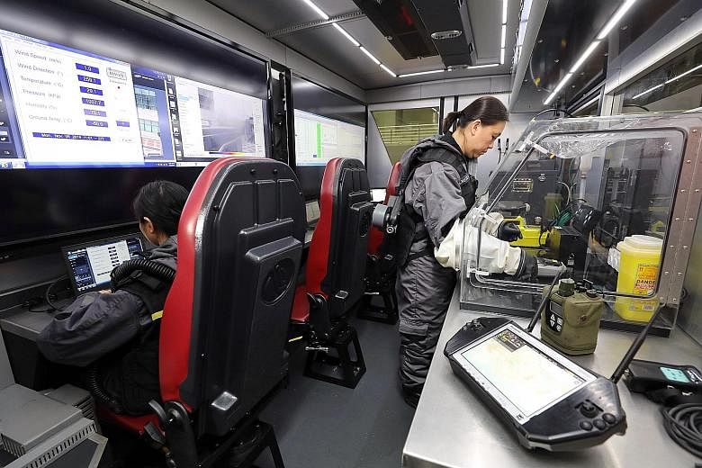 The Hazmat Control Vehicle that the SCDF is deploying at the upcoming Asean Summit is equipped with drones (left) to detect hazardous substances. Hazmat specialists inside the vehicle can also monitor the atmosphere for chemicals and conduct tests fo