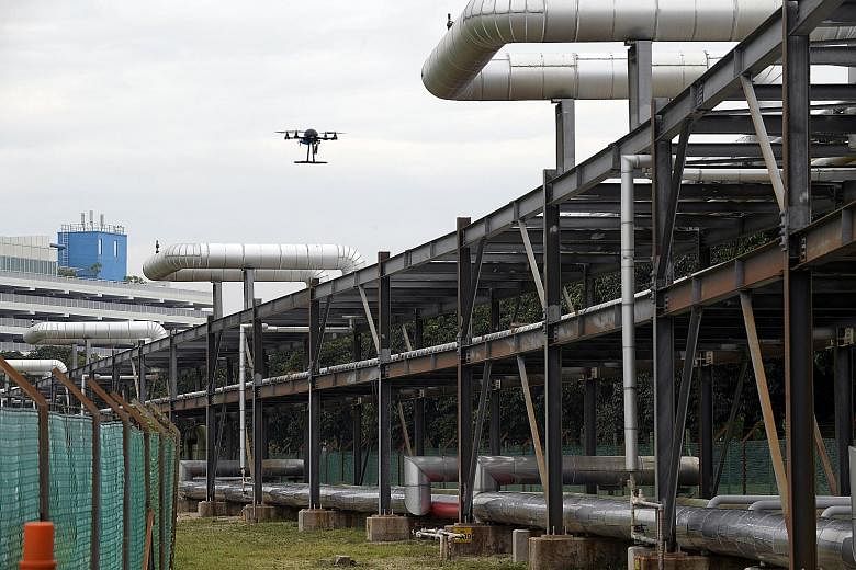 A demonstration showing a drone inspecting chemical and utilities pipelines for leaks on Jurong Island. The drones will be equipped with multiple video cameras and sensors.