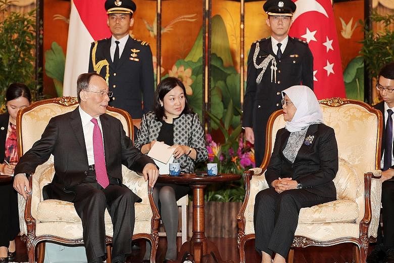 Chinese Vice-President Wang Qishan called on President Halimah Yacob at the Istana yesterday. In a statement issued last night, the Ministry of Foreign Affairs (MFA) said Madam Halimah and Mr Wang reaffirmed the close and longstanding relations betwe