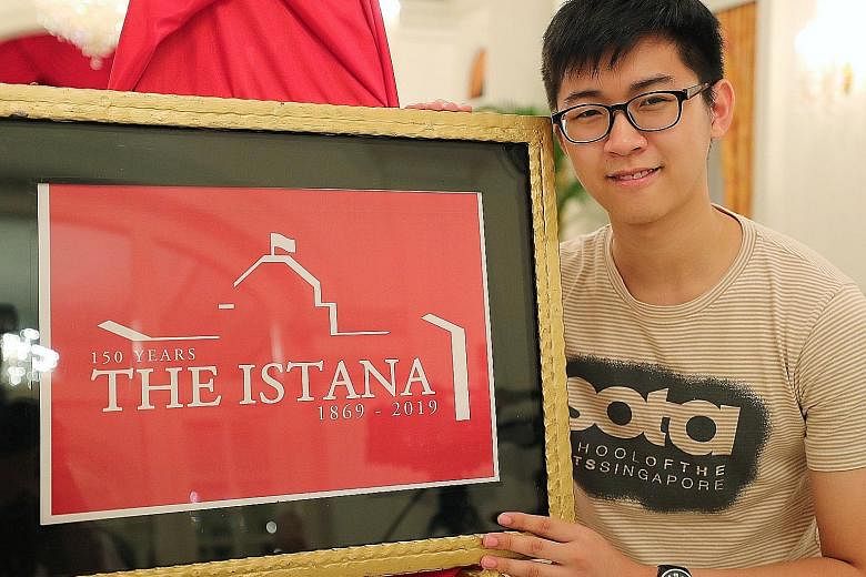 School of the Arts Singapore student Charlie Chua with his winning design for the Istana 150 Logo Competition. President Halimah Yacob and her husband, Mr Mohamed Abdullah Alhabshee, chatting with members of Sampada's Dance Studio, which performed ye