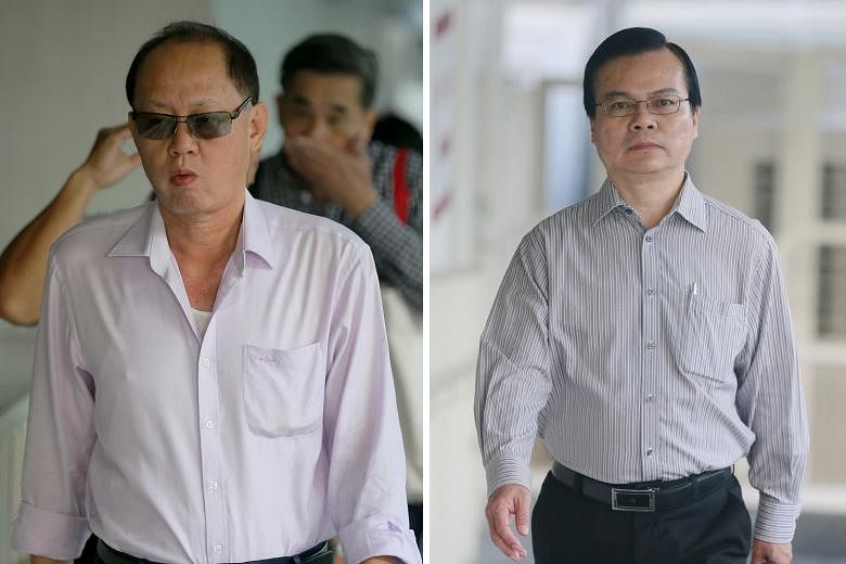 Company director Chia Sin Lan (far left) told investigators the incoming funds listed in a ledger of expenses came from the sale of scrap metal. But his business partner testified that there are other sources. Chia and former town council general man