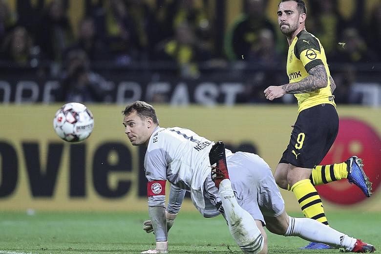 Paco Alcacer beating Manuel Neuer to score Dortmund's winner in their 3-2 home victory over Bayern on Saturday, ending the visitors' six-match unbeaten run.