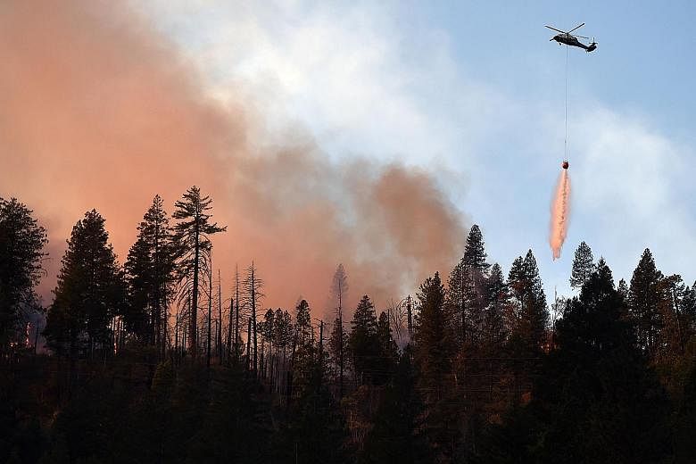 A helicopter dropping water on a burning ridge in the Feather River Canyon, east of Paradise, California, on Sunday. The remains of a luxury home stand amid burnt-out tree trunks in the beachside community of Point Dume in Malibu, California, on Sund