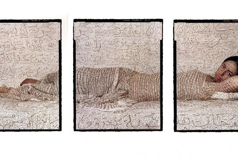 Lalla Essaydi's works on show at Sundaram Tagore Gallery include Les Femmes du Maroc: Reclining Odalisque (2008, left) and Harem #7 (2009, right).