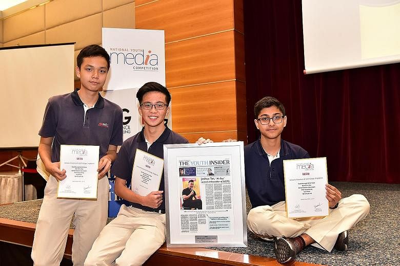 Some of the members of the School of Science and Technology, Singapore team that emerged champion in this year's National Youth Media Competition: (from left) Shen Guocheng, Tan Chuan Jie and Kamal Sawlani Govindani.