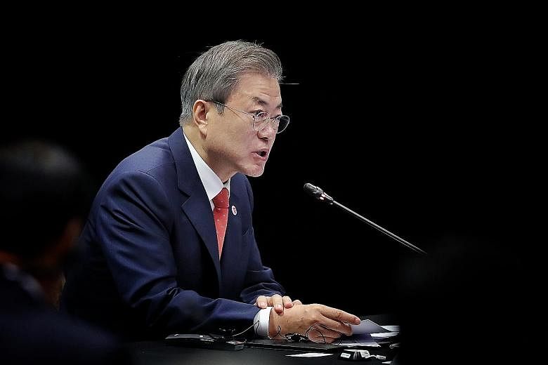 South Korean President Moon Jae-in making his opening remarks at the Asean-Republic of Korea Summit yesterday.
