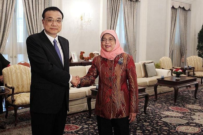 Chinese Premier Li Keqiang, who is on an official visit to Singapore, met President Halimah Yacob yesterday. In a joint statement, Singapore and China said they would build on the foundations laid by past generations of leaders from both sides and ma