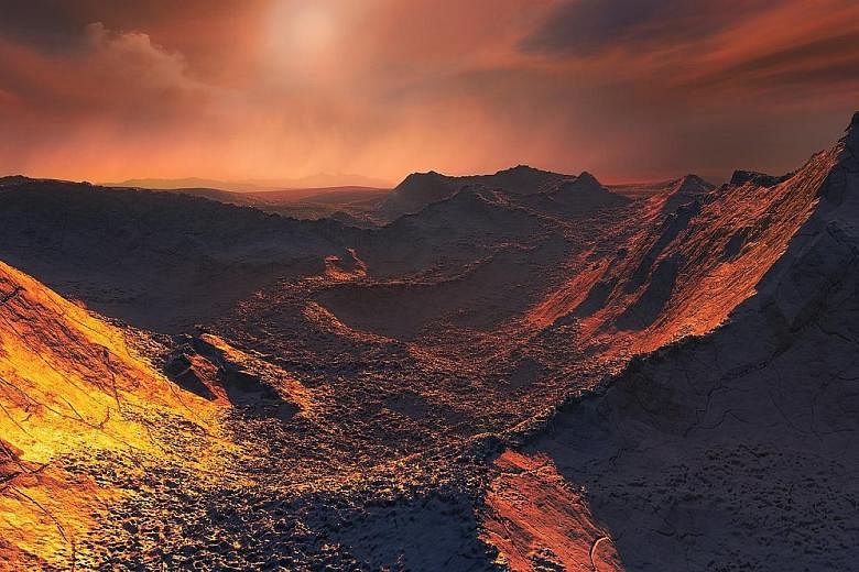 An artist's impression of the surface of a Super-Earth planet that has been discovered orbiting the closest single star to our solar system, in a handout picture released by the European Southern Observatory.