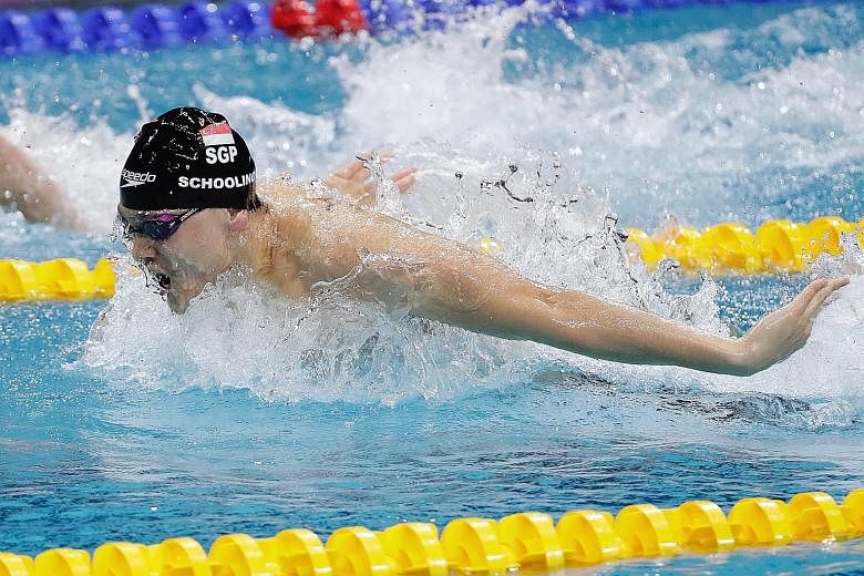 Olympic champion Joseph Schooling racing in the 100m butterfly final of the Fina Swimming World Cup at the OCBC Aquatic Centre last night. The 23-year-old finished fourth in 51.05sec and attributed the result partly to the lack of preparation time fo