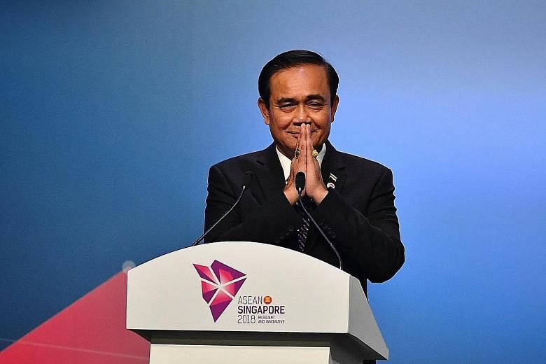 Thai Prime Minister Prayut Chan-o-cha at the closing ceremony of the 33rd Asean Summit yesterday, where he unveiled the theme of Thailand's chairmanship of Asean: Advancing Partnership for Sustainability. World leaders and heads of state at the 13th 