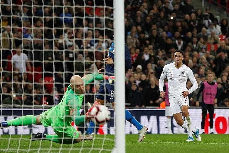 Trent Alexander-Arnold scoring England's second goal in the 3-0 win over the United States on Thursday. It was the 20-year-old's first goal for England, set up by fellow youngster Jadon Sancho.
