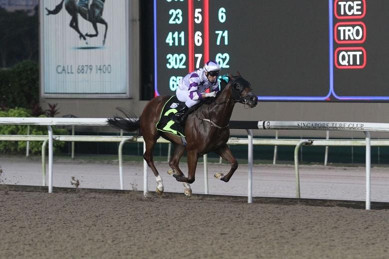 Champion jockey Vlad Duric’s second of four winners, Makkem Lad, proving too good for his nine three-year-old Restricted Maiden rivals over the Polytrack 1,000m in Race 2 at Kranji last night. 
