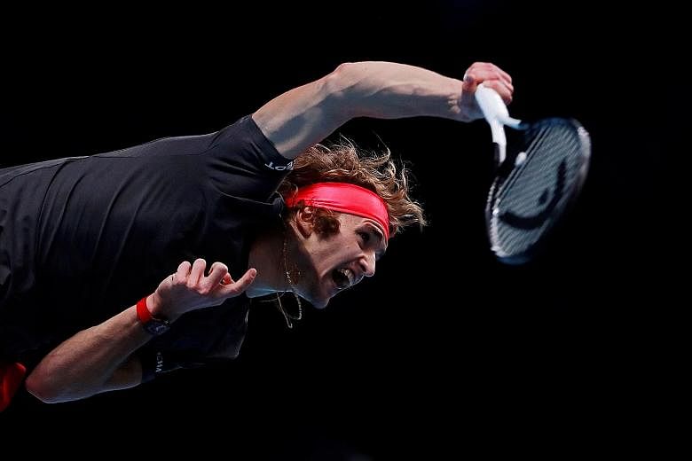 Alexander Zverev firing one of his many booming serves to Novak Djokovic in the final of the ATP Finals at the O2 Arena in London on Sunday. The 21-year-old German won 6-4, 6-3 to be the youngest player to take the year-ending title since the Serb 10
