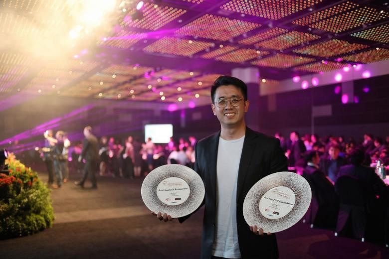 Above: LingZhi's general manager Fanny Chen, 41, with the Best Vegetarian Restaurant award for the eatery at the Restaurant Association of Singapore's annual awards gala at Suntec City yesterday. Left: Mr Hong Junchen, 33, is co-founder of Nude Chill