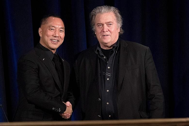 Former White House chief strategist Stephen Bannon and exiled Chinese tycoon Guo Wengui (right) have implicated China in the seemingly accidental death of tycoon Wang Jian. Mr Bannon and Mr Guo say they will use a fund set up by Mr Guo to probe perse