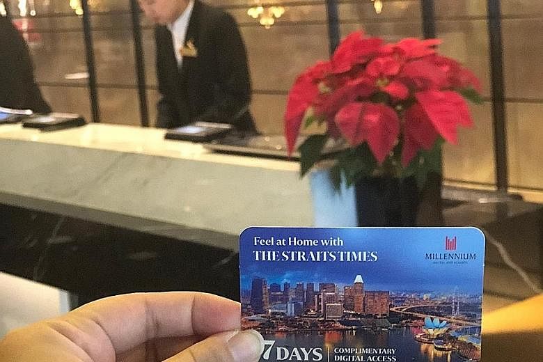 To read The Straits Times online, guests need to log on to a specially created Web page to open a complimentary account and key in a coupon code, which is given to them upon check-in. There are 10 participating hotels, of which five are in Singapore.