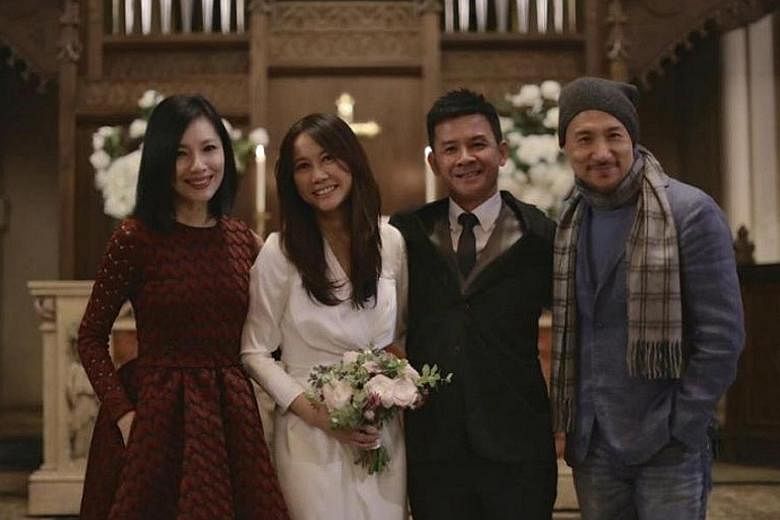 Ms Tay Ting Ting and Mr Goh Kheng Long, flanked by former actress Sharon Au and Hong Kong singer Jacky Cheung, renewed their marriage vows at The American Church in Paris.