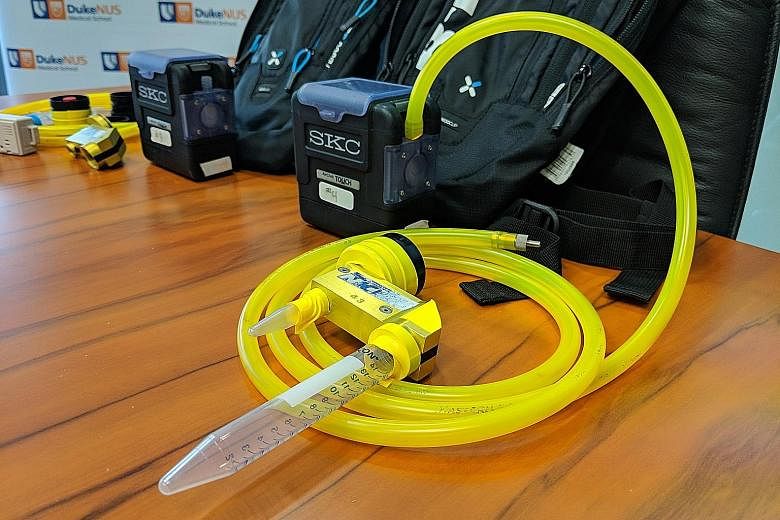 Dr Kristen Coleman, the lead author of the study, wearing the backpack and apparatus used to collect air samples on MRT trains. Researchers carried the devices (above) for a year on trains and successfully detected common airborne viruses which cause