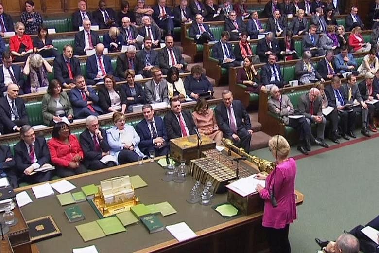 A videograb taken from footage broadcast from the British Parliament shows Leader of the House of Commons Andrea Leadsom (bottom right) speaking during yesterday's debate on a motion to hold the government in contempt of Parliament over its refusal t